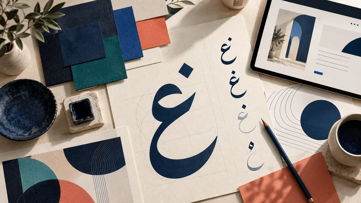 عينات ألوان وحروف عربية على مكتب مصمم ترمز إلى اختيار الألوان والخطوط لهوية العلامة
