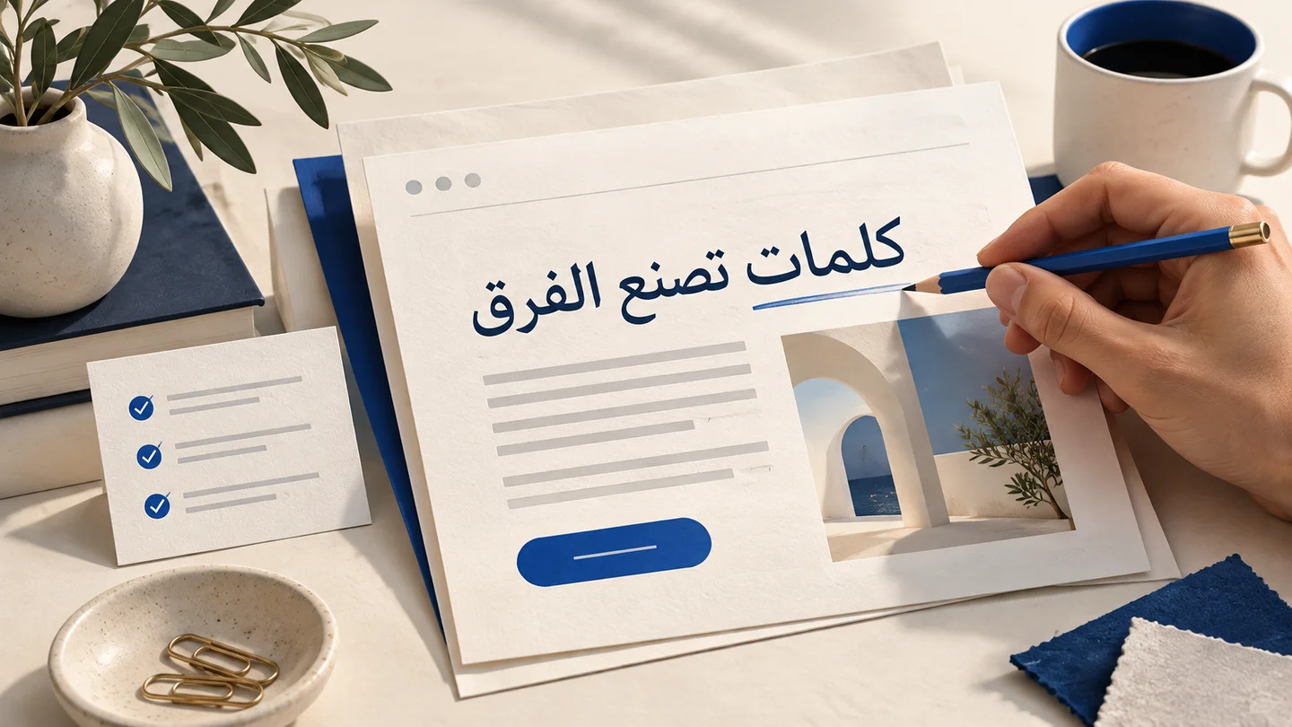 تحرير عنوان عربي على نموذج صفحة ويب مع قائمة أدلة وزر إجراء ضمن كتابة محتوى الموقع