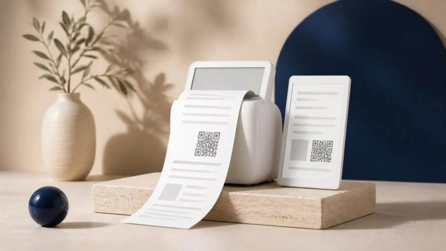 طابعة فواتير تخرج فاتورة برمز QR بجوار جهاز لوحي